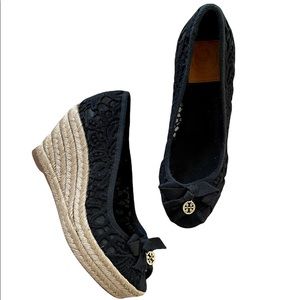 Tory Burch Jackie Lace Espadrille Wedge, Black, Size 7